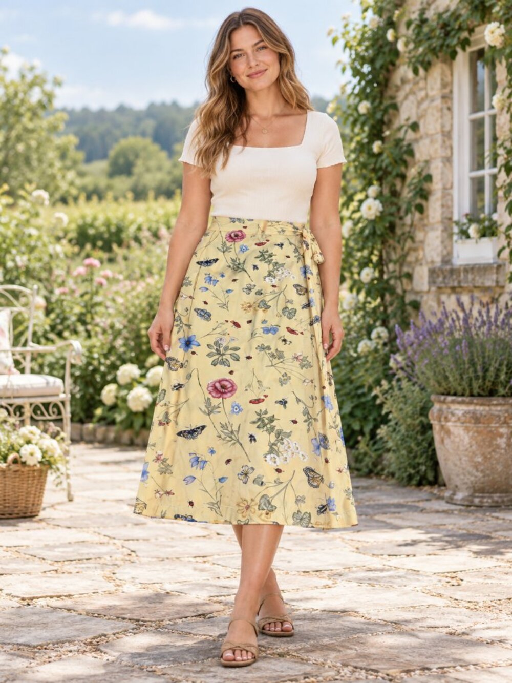 Vintage Stonebridge Size 12 Yellow Botanical Wrap Skirt Butterfly Bee Cotton